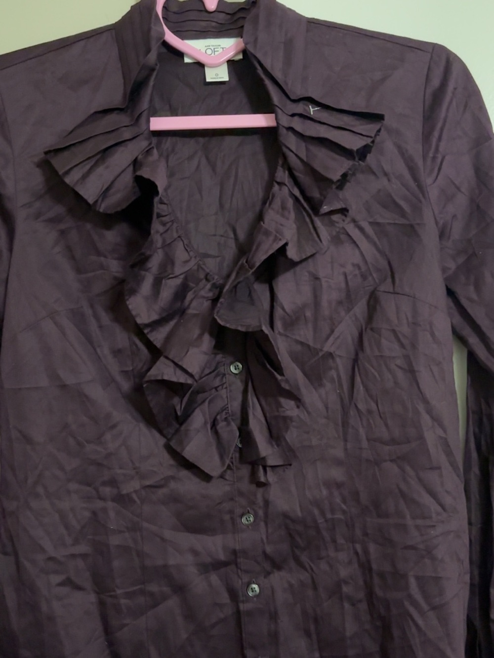 LOFT Deep Plum Ruffle Front Button-Down Shirt - Picture 2 of 4